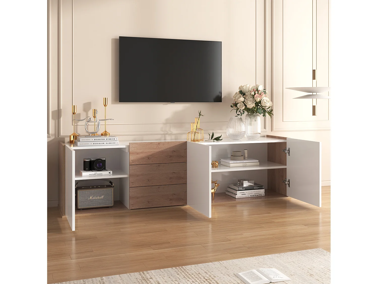 Hängendes TV-Möbel oder TV-Bank mit 3 Schubladen und 3 Türen – 171,5 L x 35 B x 47 H cm – Spanplatte – Weiß + Natur