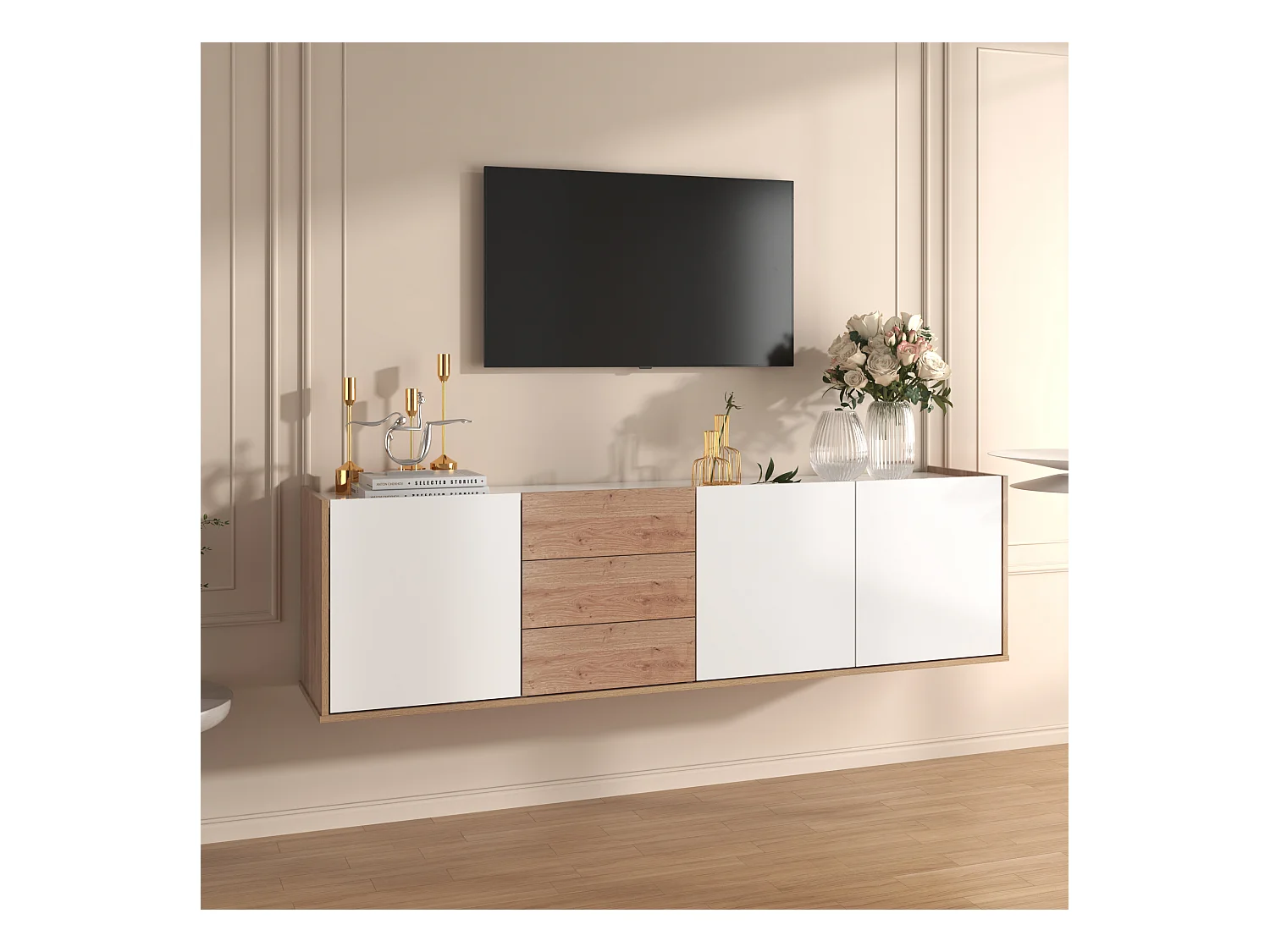 Hängendes TV-Möbel oder TV-Bank mit 3 Schubladen und 3 Türen – 171,5 L x 35 B x 47 H cm – Spanplatte – Weiß + Natur