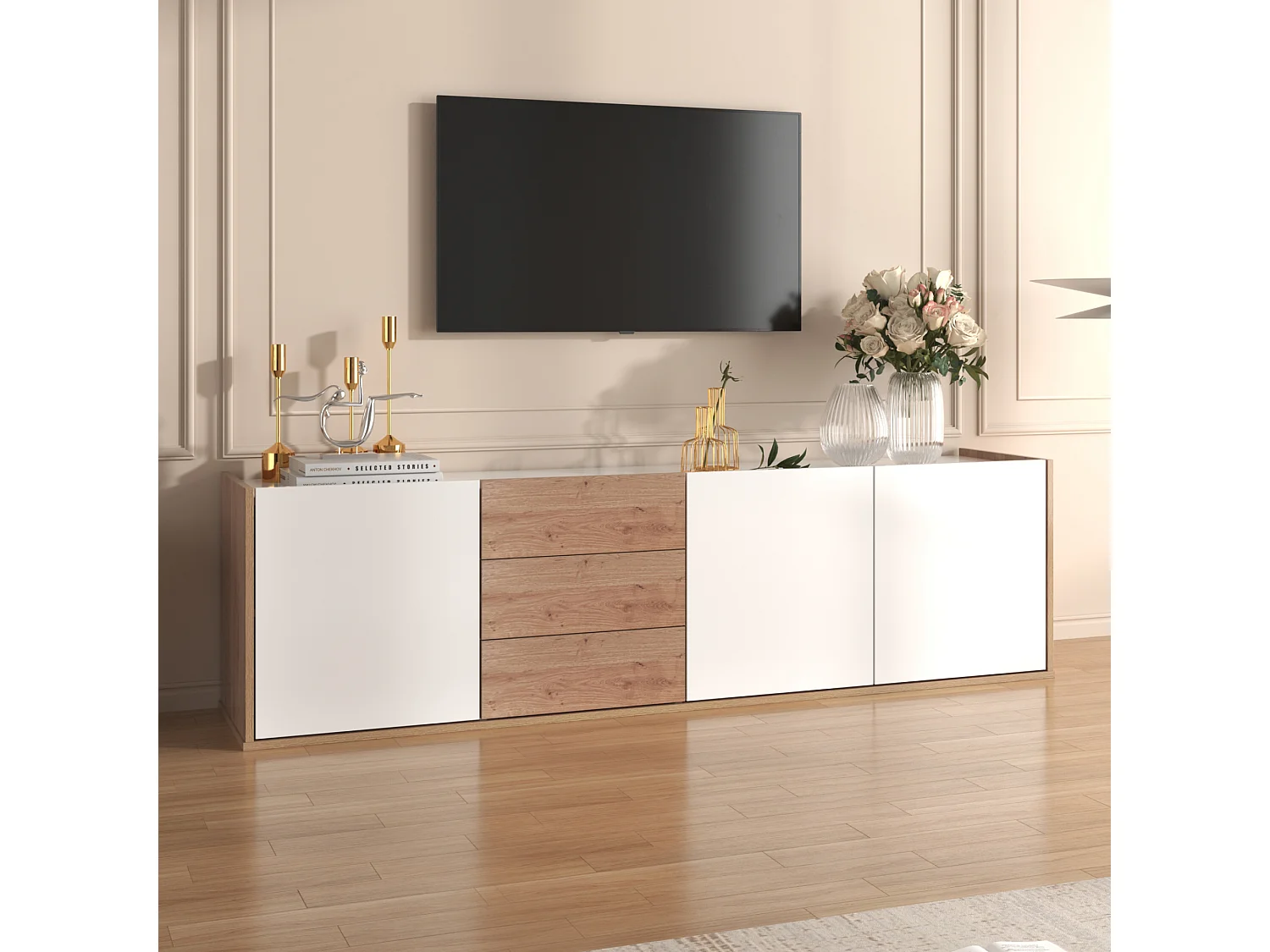 Hangend TV-meubel of TV-meubel met 3 laden en 3 deuren - 171,5 L x 35 B x 47 H cm - Spaanplaat - Wit + naturel