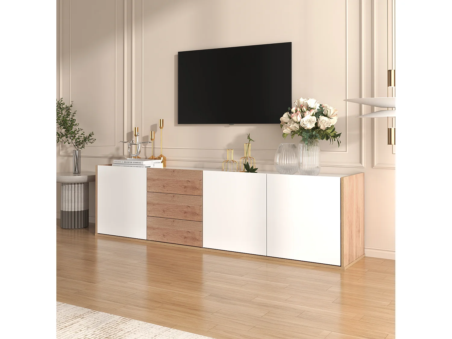 Hangend TV-meubel of TV-meubel met 3 laden en 3 deuren - 171,5 L x 35 B x 47 H cm - Spaanplaat - Wit + naturel
