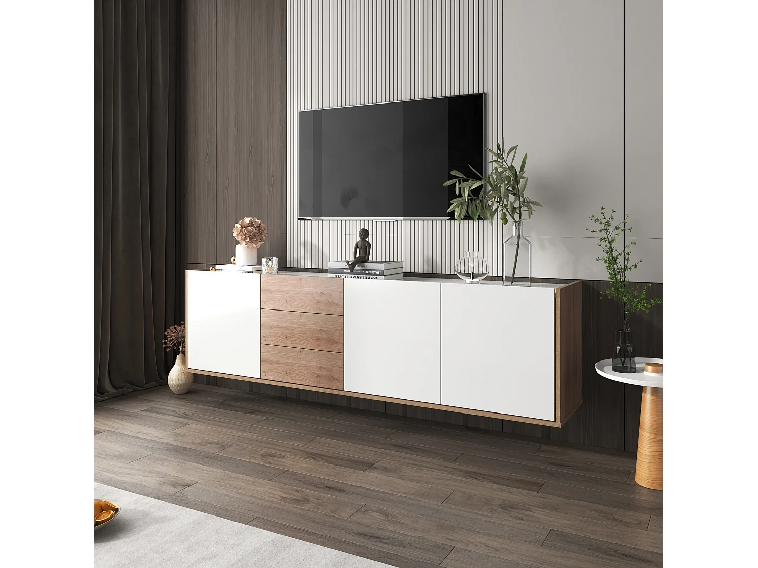 Hangend TV-meubel of TV-meubel met 3 laden en 3 deuren - 171,5 L x 35 B x 47 H cm - Spaanplaat - Wit + naturel