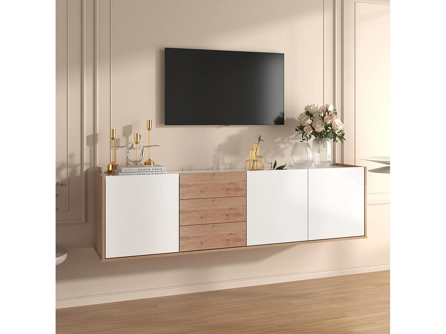 Hangend TV-meubel of TV-meubel met 3 laden en 3 deuren - 171,5 L x 35 B x 47 H cm - Spaanplaat - Wit + naturel