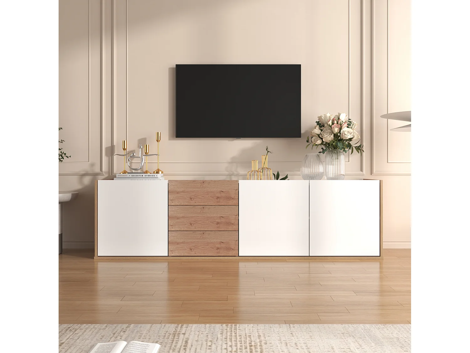 Hangend TV-meubel of TV-meubel met 3 laden en 3 deuren - 171,5 L x 35 B x 47 H cm - Spaanplaat - Wit + naturel