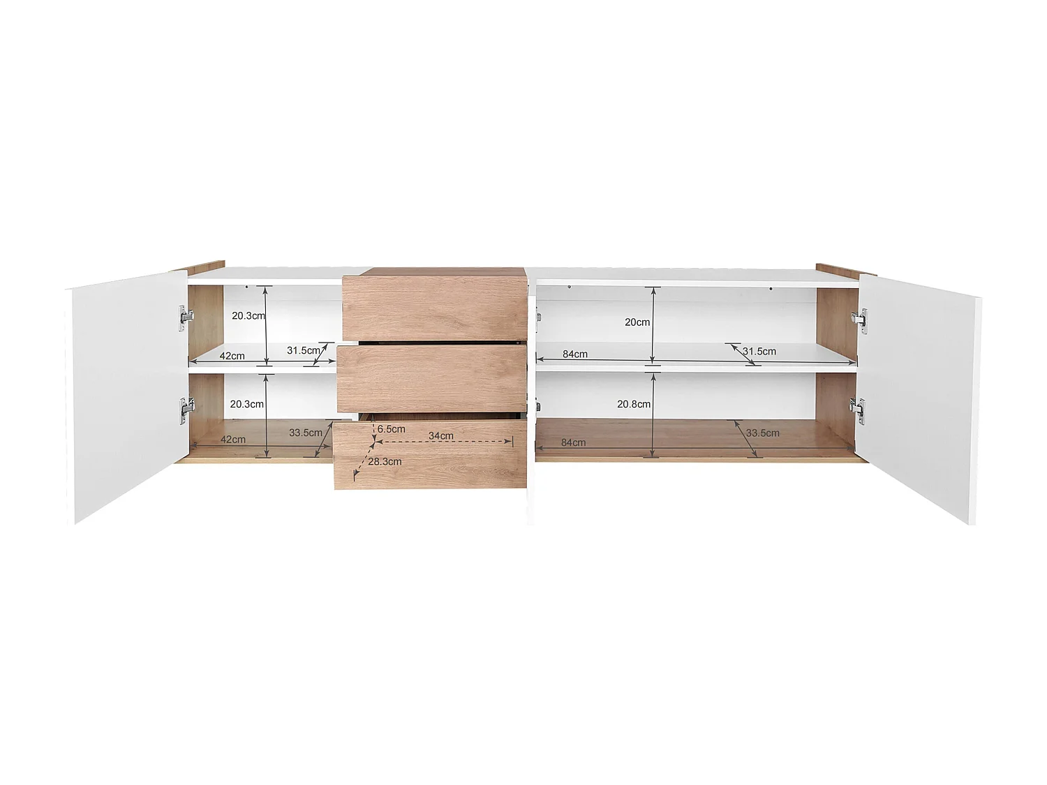 Hangend TV-meubel of TV-meubel met 3 laden en 3 deuren - 171,5 L x 35 B x 47 H cm - Spaanplaat - Wit + naturel