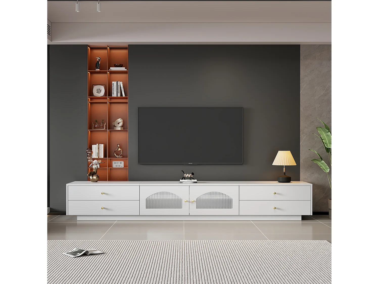 Meuble TV avec 4 tiroirs et 2 portes vitrées - 220 x 40 x 33 cm - Panneaux de particules - Blanc