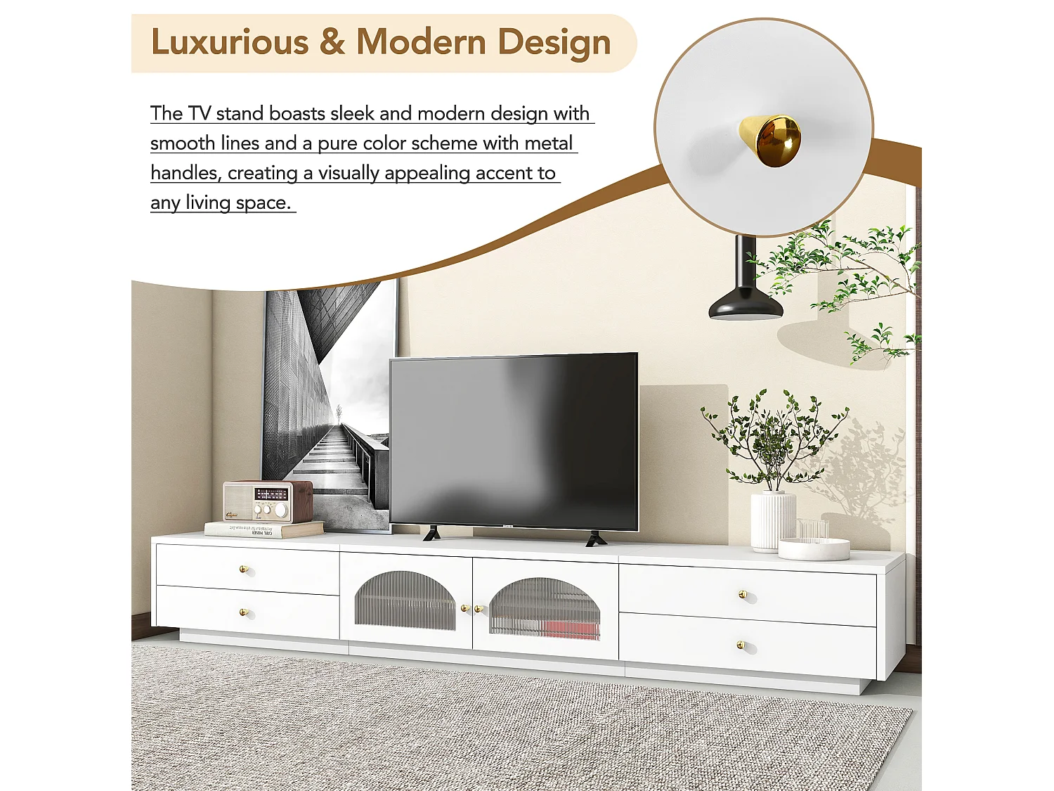 Meuble TV avec 4 tiroirs et 2 portes vitrées - 220 x 40 x 33 cm - Panneaux de particules - Blanc