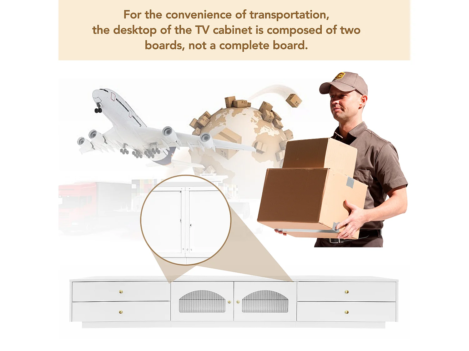 Meuble TV avec 4 tiroirs et 2 portes vitrées - 220 x 40 x 33 cm - Panneaux de particules - Blanc