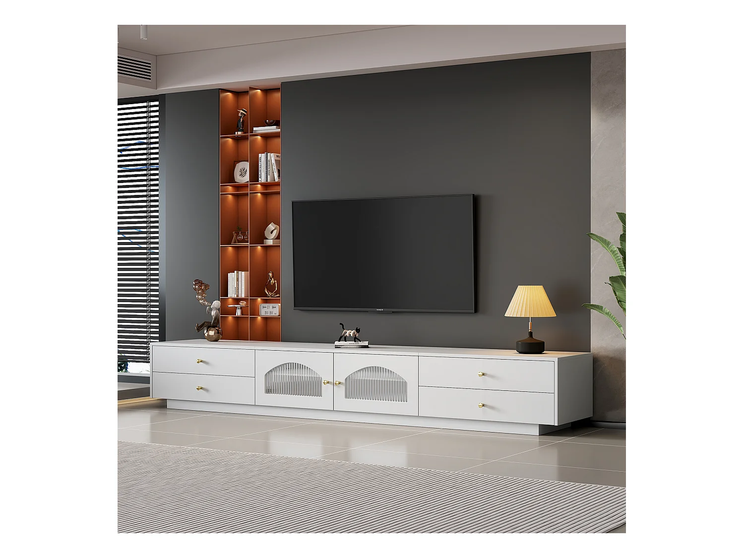 Meuble TV avec 4 tiroirs et 2 portes vitrées - 220 x 40 x 33 cm - Panneaux de particules - Blanc