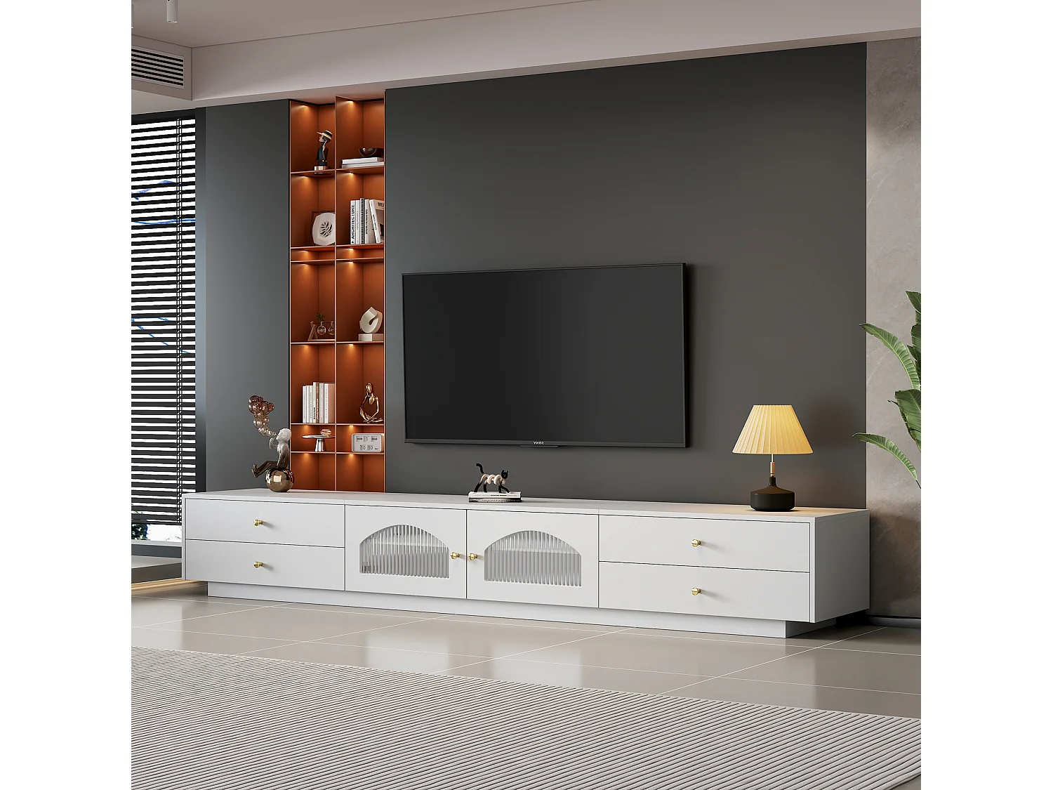 Meuble TV avec 4 tiroirs et 2 portes vitrées - 220 x 40 x 33 cm - Panneaux de particules - Blanc