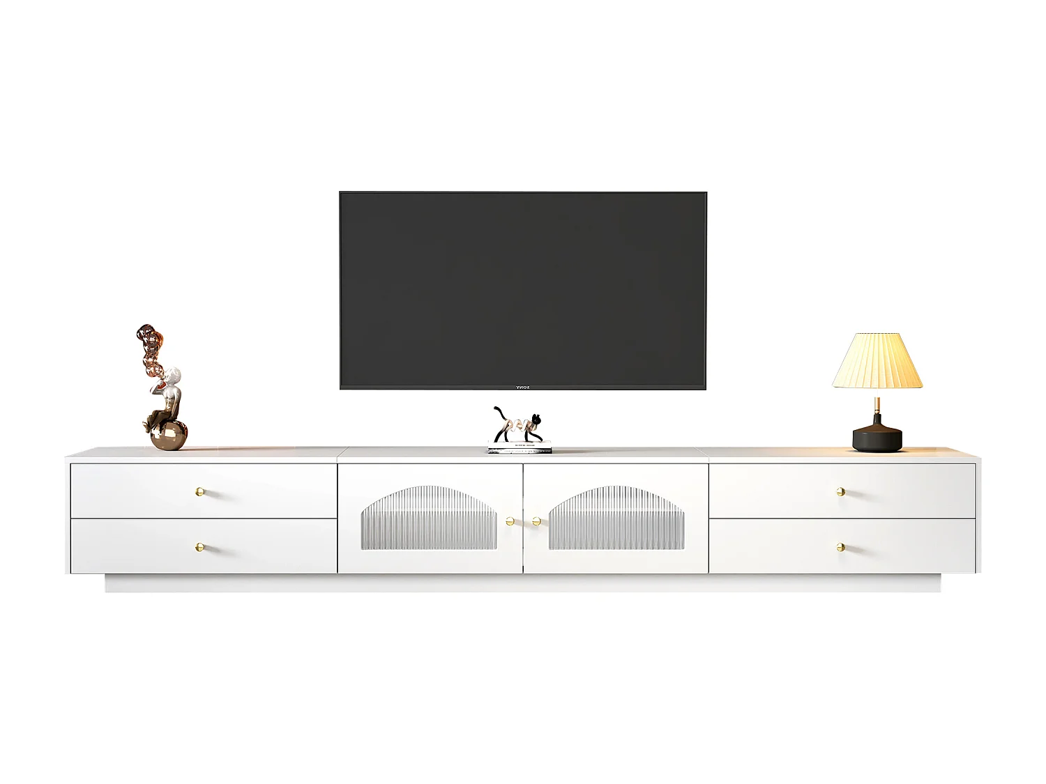 Meuble TV avec 4 tiroirs et 2 portes vitrées - 220 x 40 x 33 cm - Panneaux de particules - Blanc