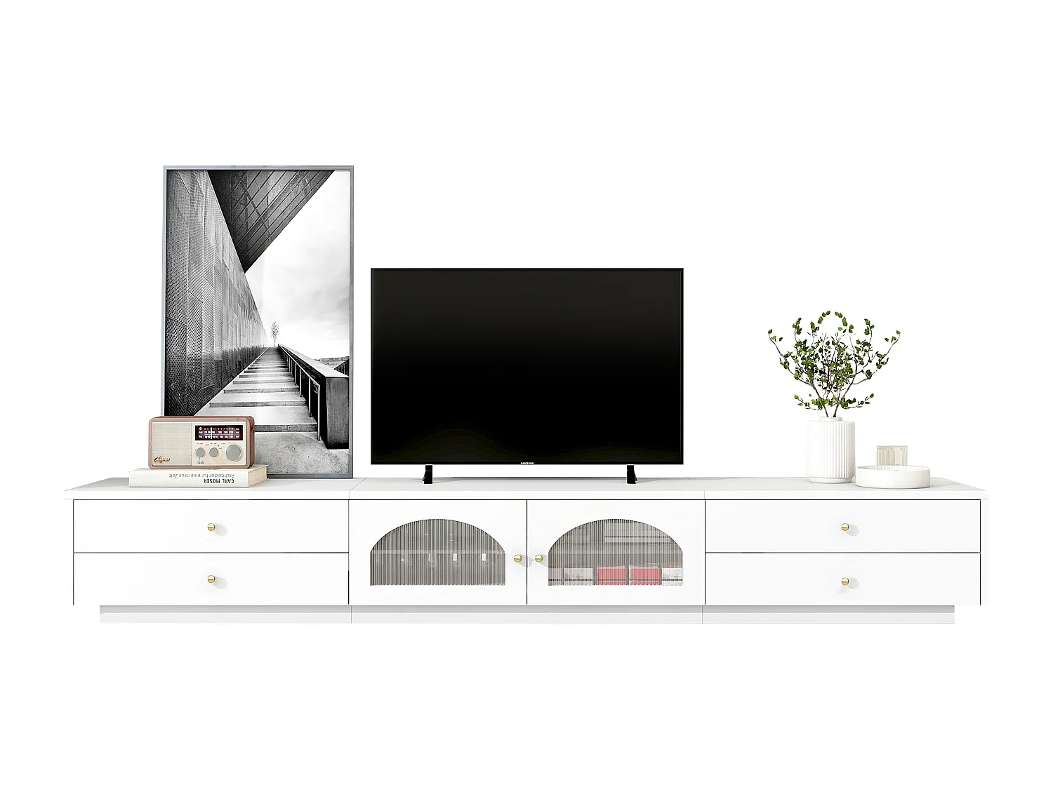 Meuble TV avec 4 tiroirs et 2 portes vitrées - 220 x 40 x 33 cm - Panneaux de particules - Blanc