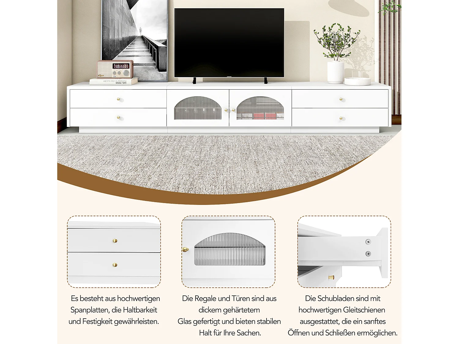 Meuble TV avec 4 tiroirs et 2 portes vitrées - 220 x 40 x 33 cm - Panneaux de particules - Blanc