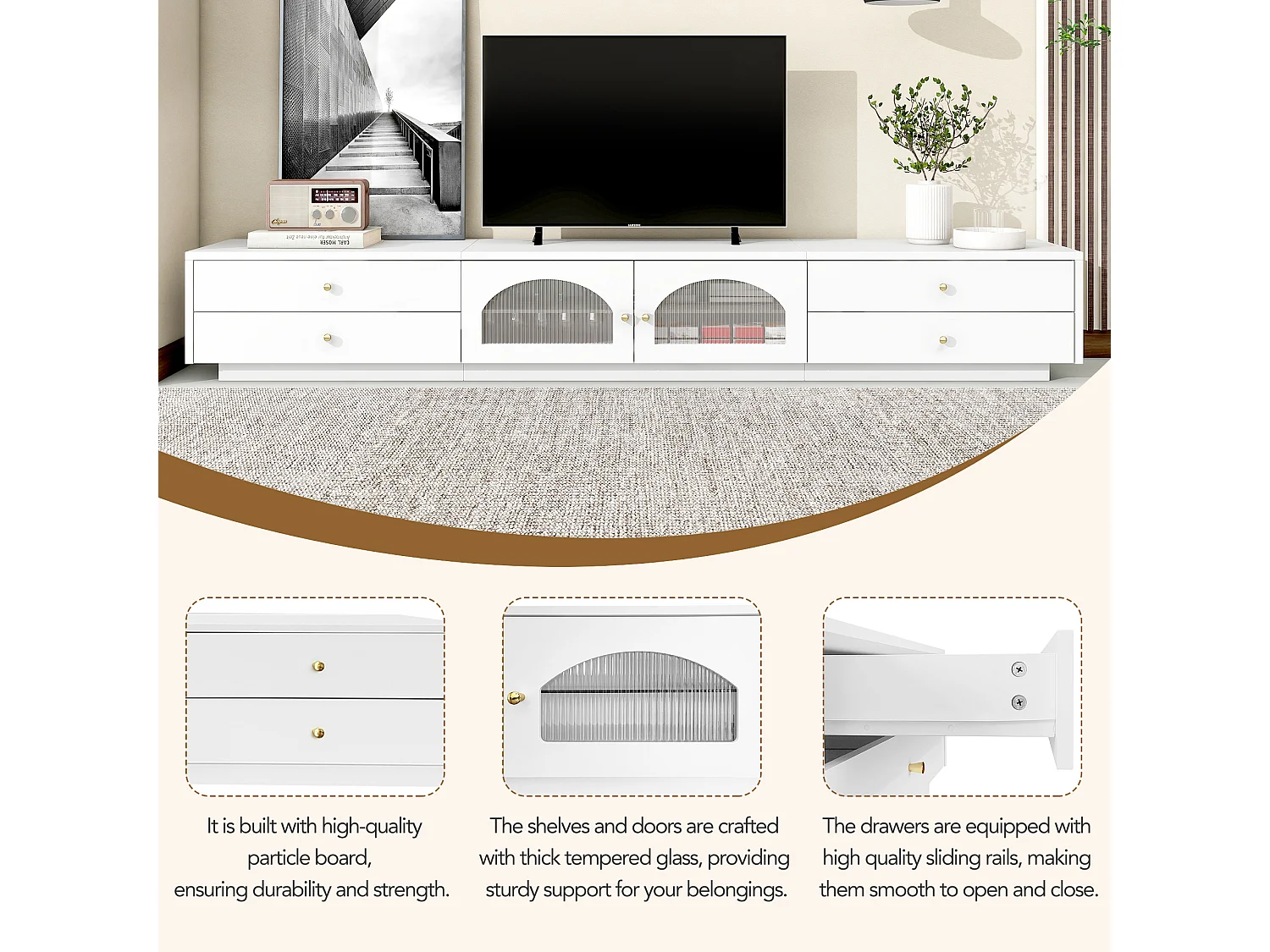 Meuble TV avec 4 tiroirs et 2 portes vitrées - 220 x 40 x 33 cm - Panneaux de particules - Blanc