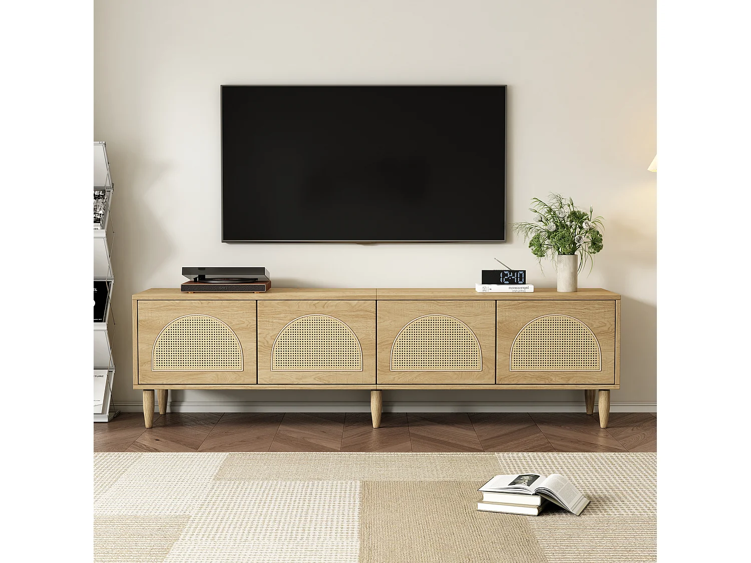 TV-meubel met 4 rotan deuren - 180 x 40 x 51 cm - Verstelbare poten - Spaanplaat - Eiken