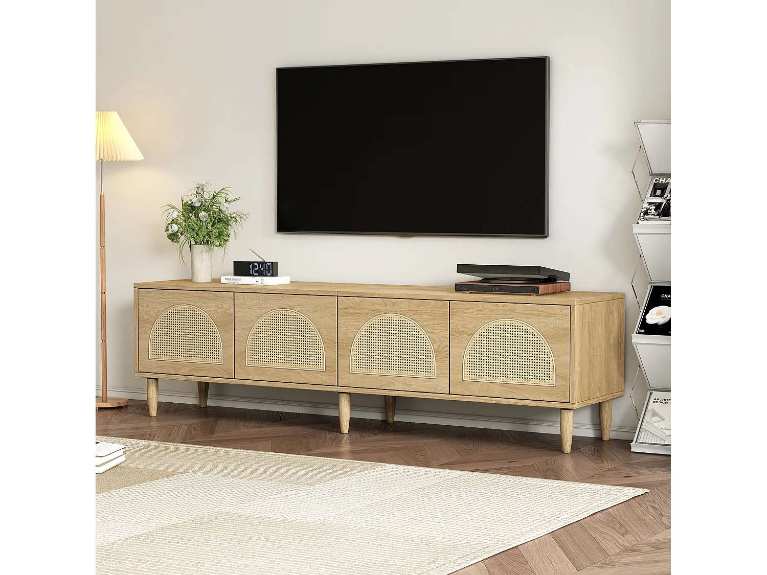TV-meubel met 4 rotan deuren - 180 x 40 x 51 cm - Verstelbare poten - Spaanplaat - Eiken