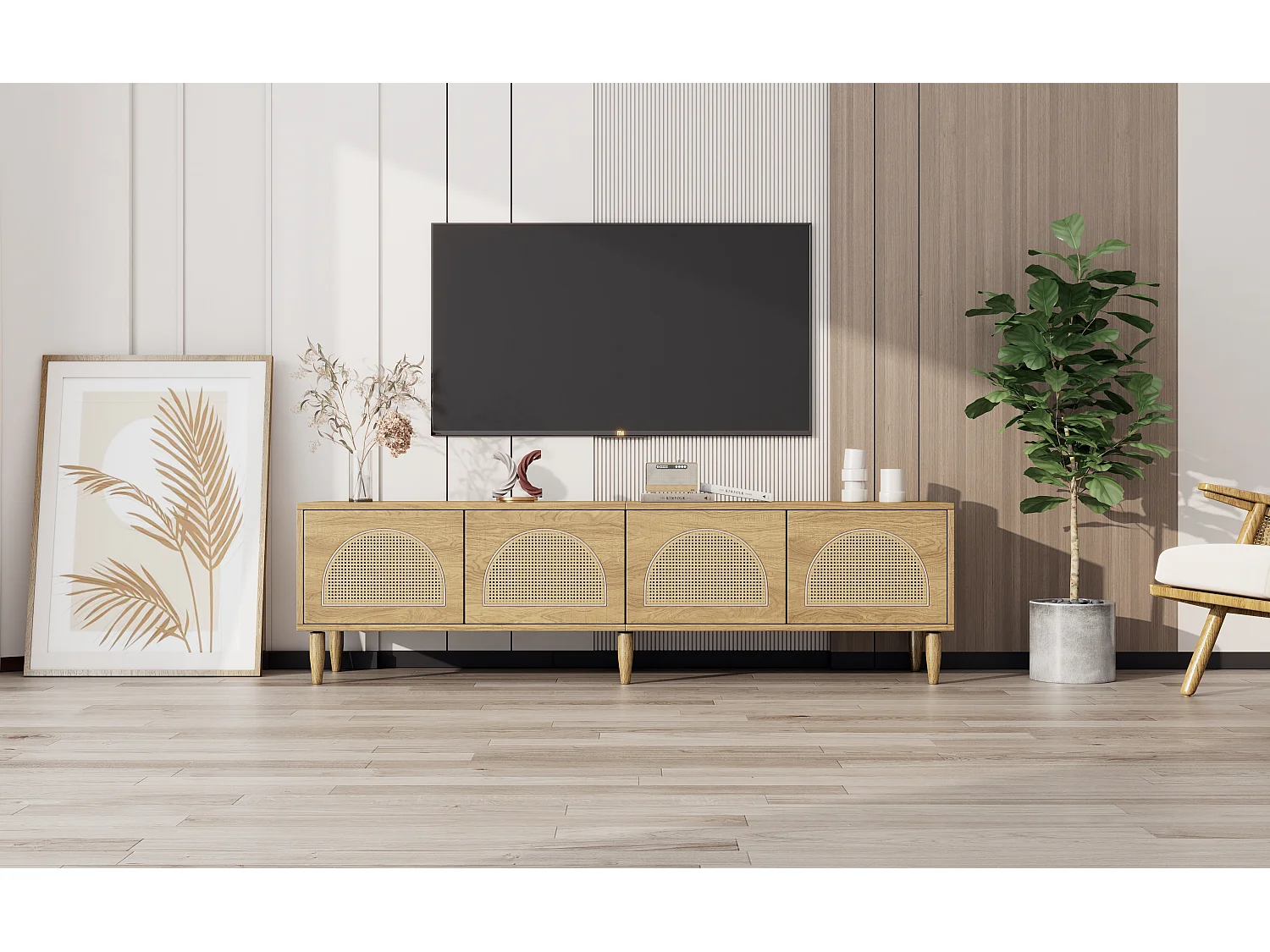 TV-meubel met 4 rotan deuren - 180 x 40 x 51 cm - Verstelbare poten - Spaanplaat - Eiken