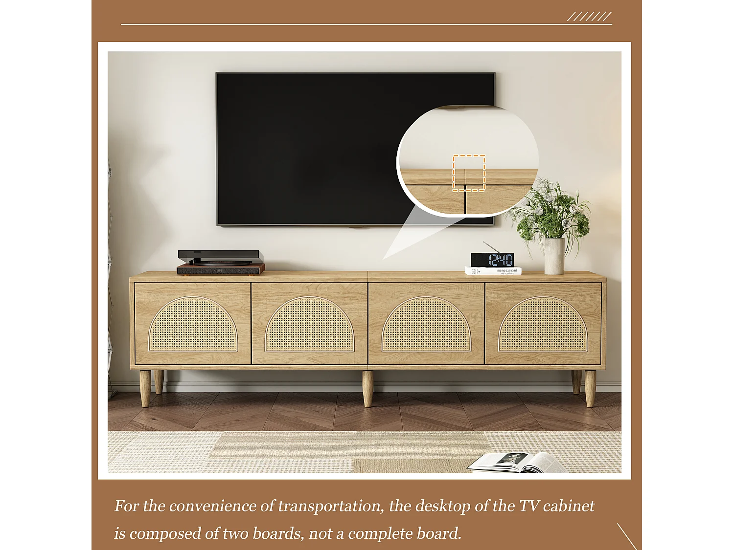 TV-meubel met 4 rotan deuren - 180 x 40 x 51 cm - Verstelbare poten - Spaanplaat - Eiken