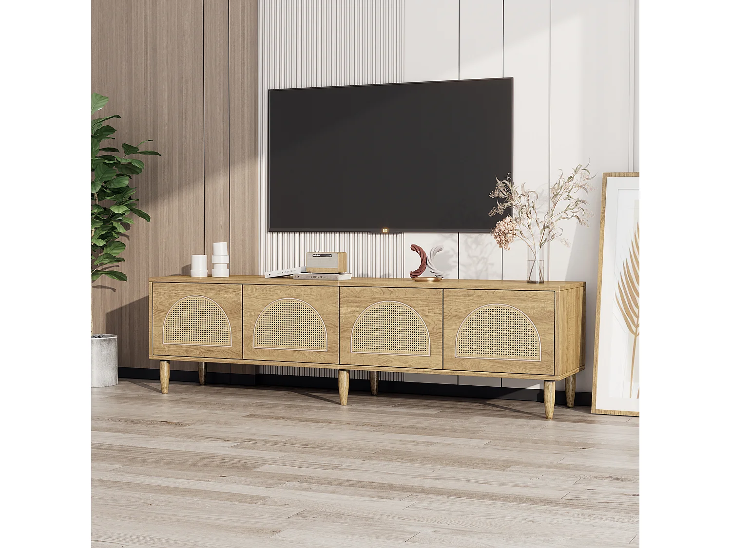 TV-meubel met 4 rotan deuren - 180 x 40 x 51 cm - Verstelbare poten - Spaanplaat - Eiken