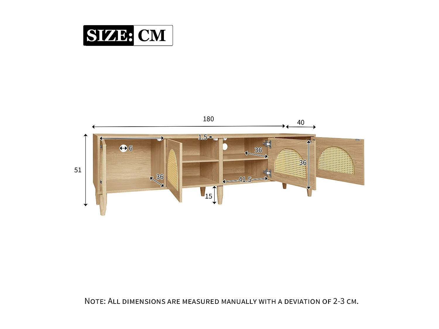 TV-meubel met 4 rotan deuren - 180 x 40 x 51 cm - Verstelbare poten - Spaanplaat - Eiken