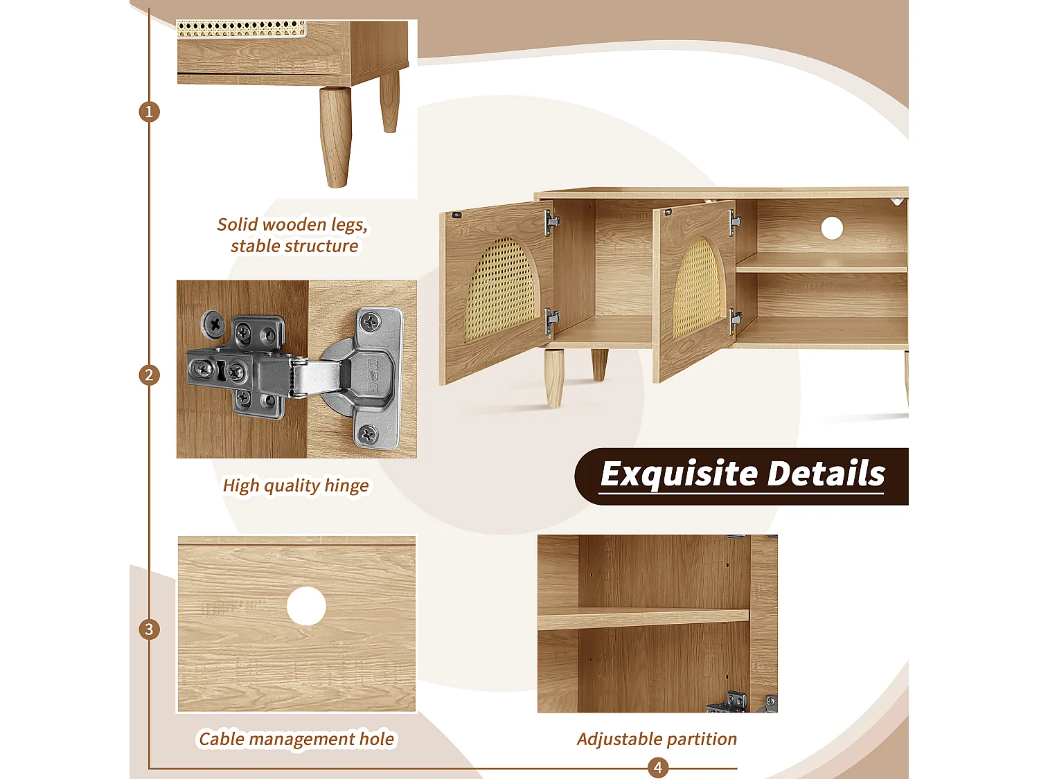 TV-meubel met 4 rotan deuren - 180 x 40 x 51 cm - Verstelbare poten - Spaanplaat - Eiken