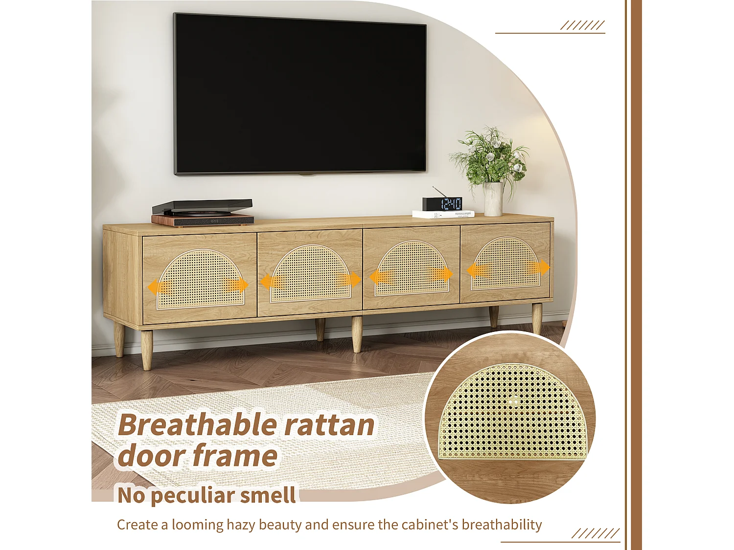 TV-meubel met 4 rotan deuren - 180 x 40 x 51 cm - Verstelbare poten - Spaanplaat - Eiken