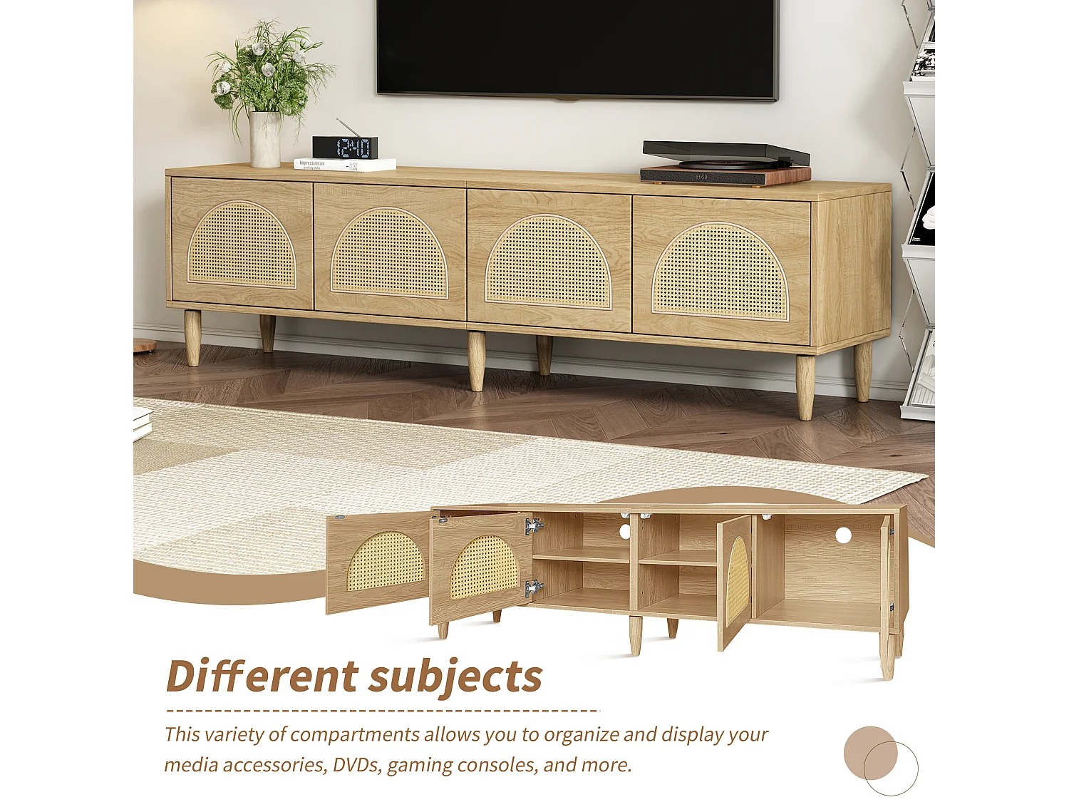 TV-meubel met 4 rotan deuren - 180 x 40 x 51 cm - Verstelbare poten - Spaanplaat - Eiken