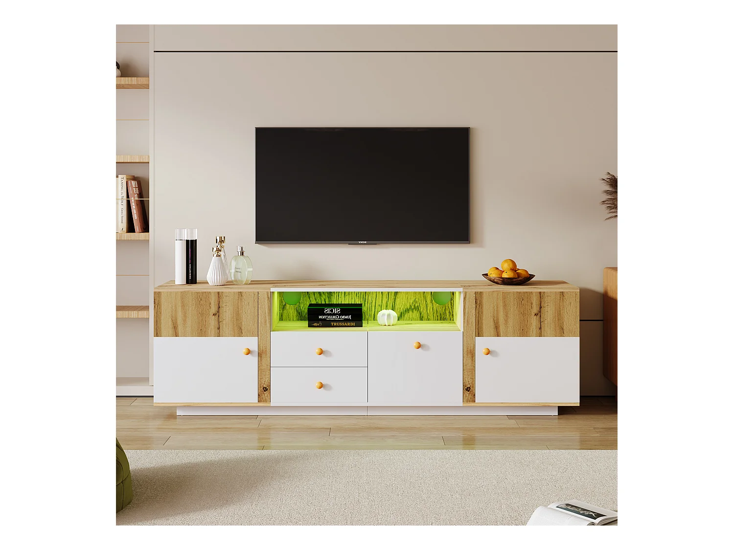 Meuble TV avec 2 portes, 3 tiroirs & 2 niches - LEDs - Panneaux de particules - Chêne et blanc