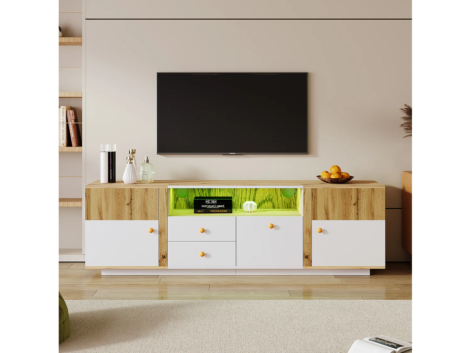 Meuble TV avec 2 portes, 3 tiroirs & 2 niches - LEDs - Panneaux de particules - Chêne et blanc