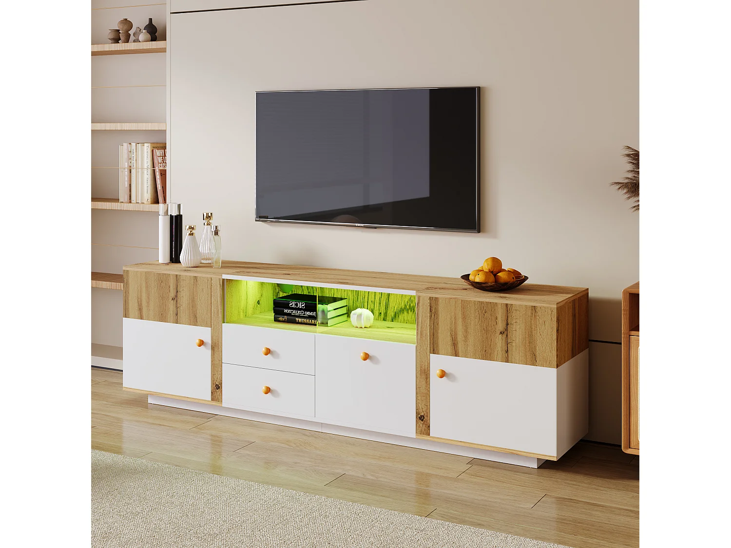 Meuble TV avec 2 portes, 3 tiroirs & 2 niches - LEDs - Panneaux de particules - Chêne et blanc