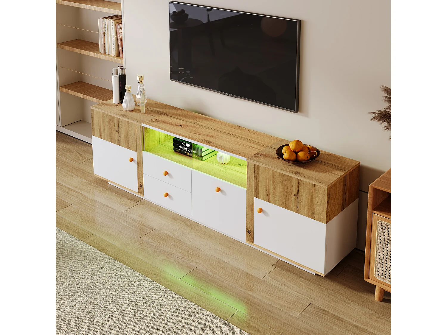 Meuble TV avec 2 portes, 3 tiroirs & 2 niches - LEDs - Panneaux de particules - Chêne et blanc