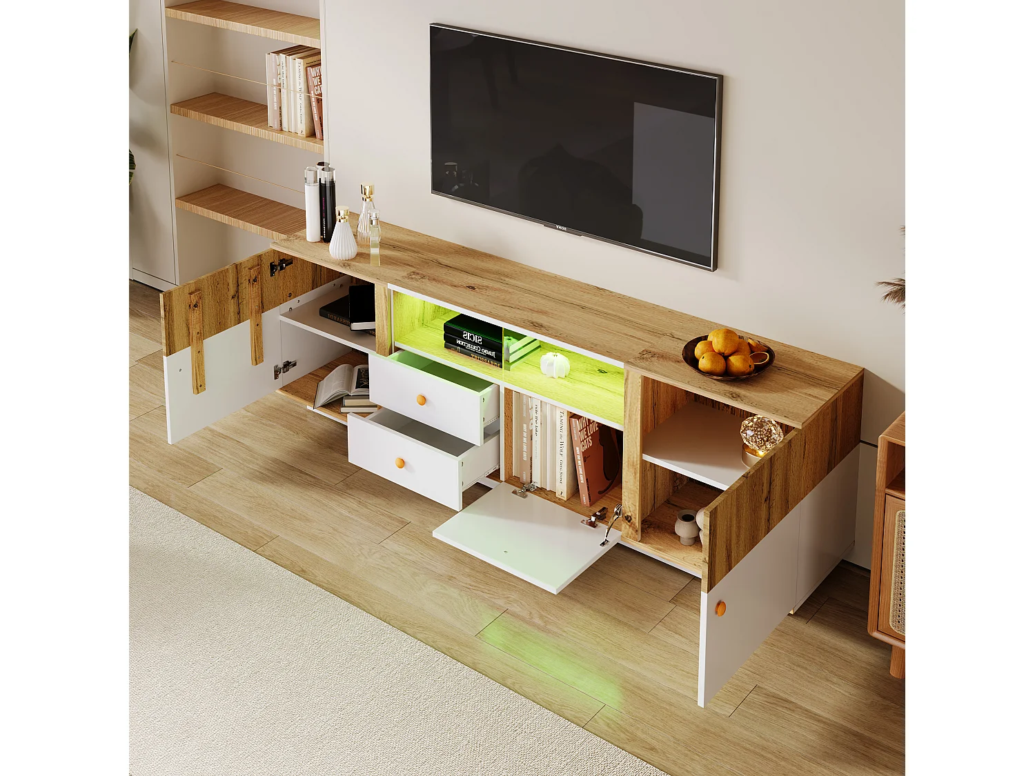 Meuble TV avec 2 portes, 3 tiroirs & 2 niches - LEDs - Panneaux de particules - Chêne et blanc