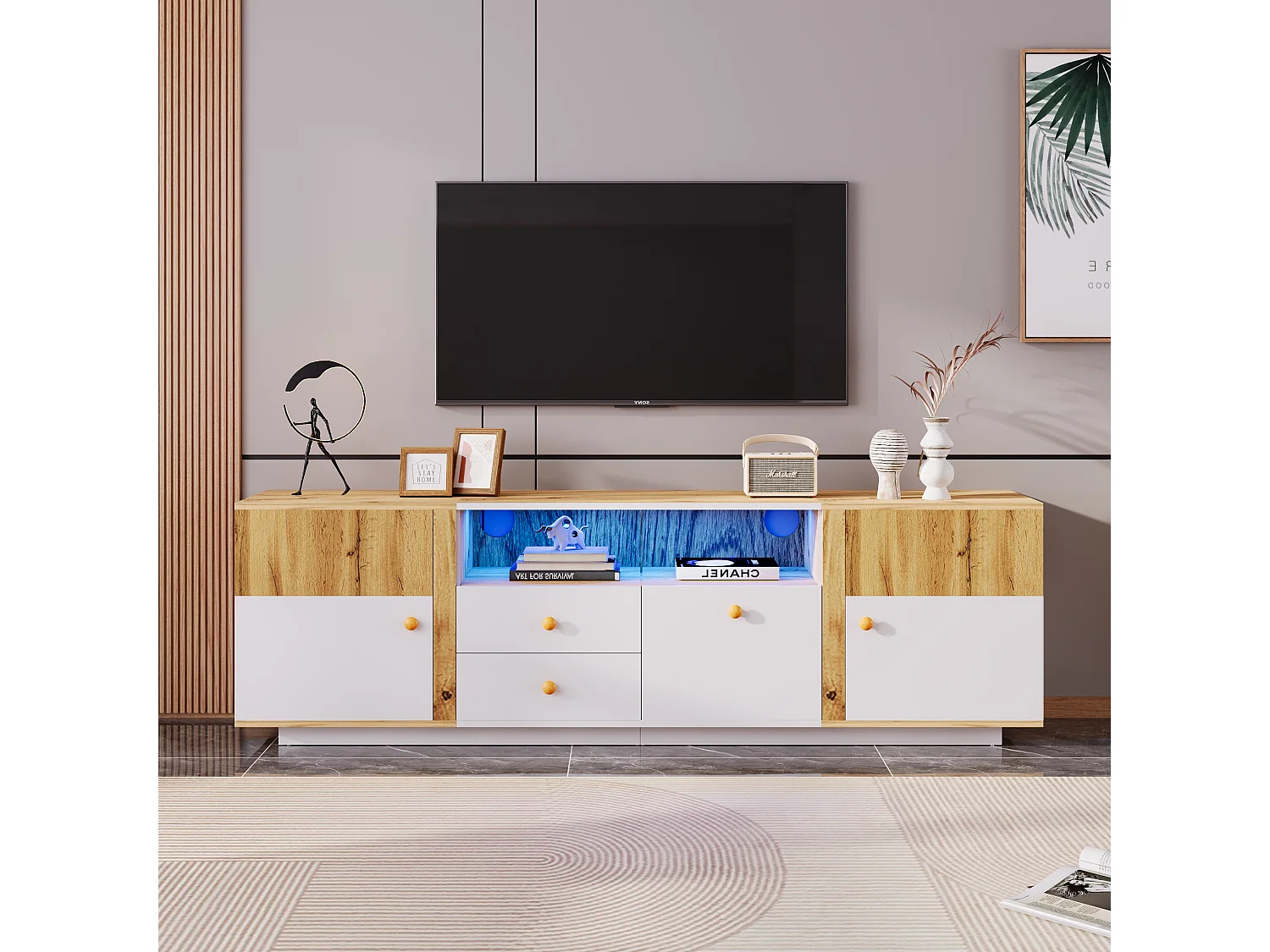 Meuble TV avec 2 portes, 3 tiroirs & 2 niches - LEDs - Panneaux de particules - Chêne et blanc