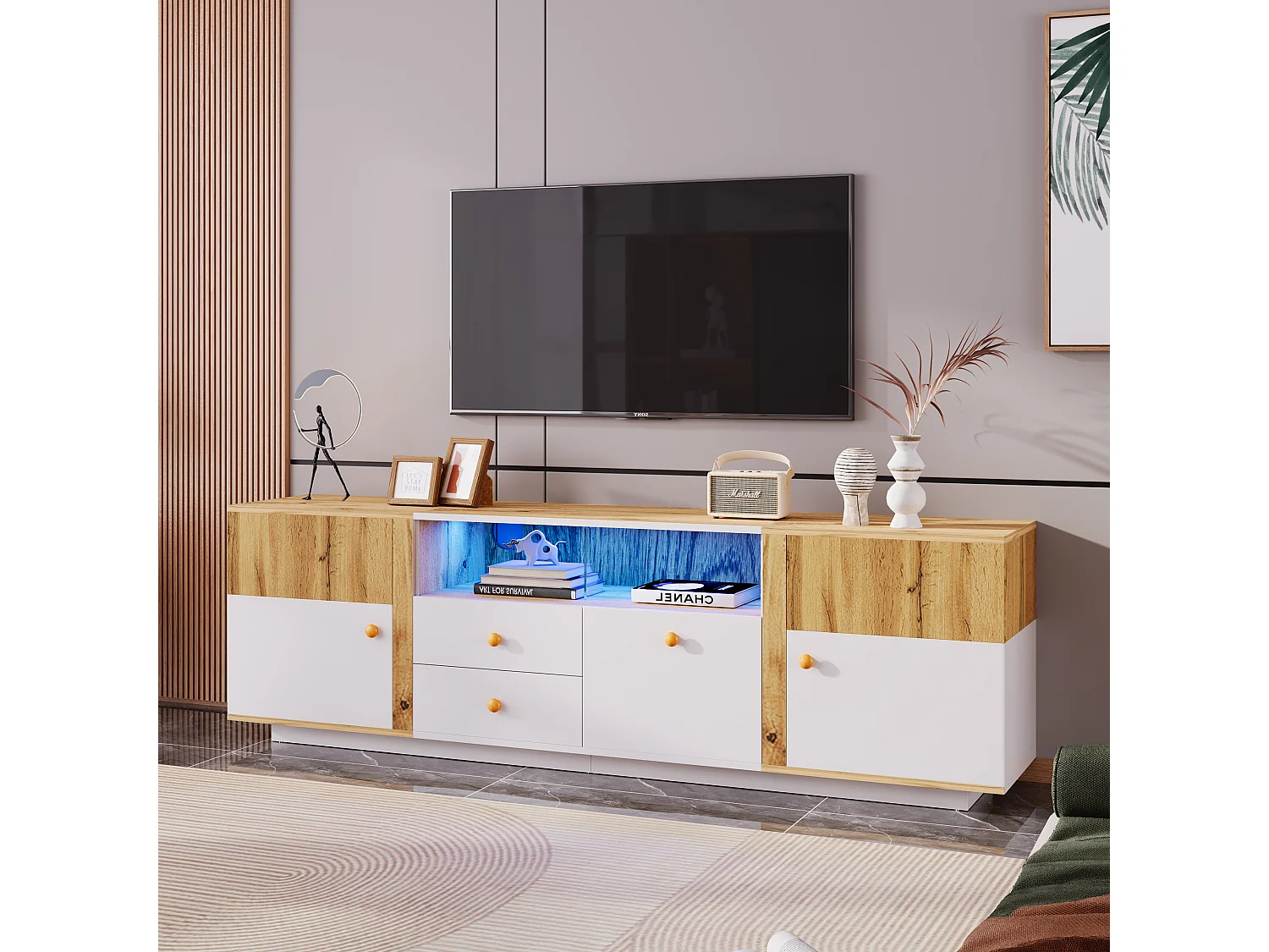 Meuble TV avec 2 portes, 3 tiroirs & 2 niches - LEDs - Panneaux de particules - Chêne et blanc