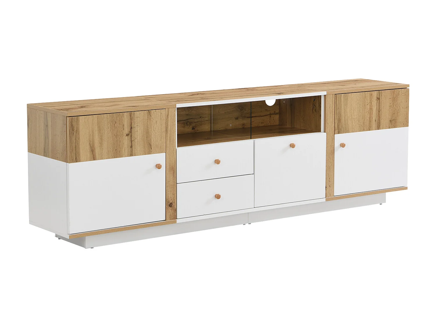 Meuble TV avec 2 portes, 3 tiroirs & 2 niches - LEDs - Panneaux de particules - Chêne et blanc