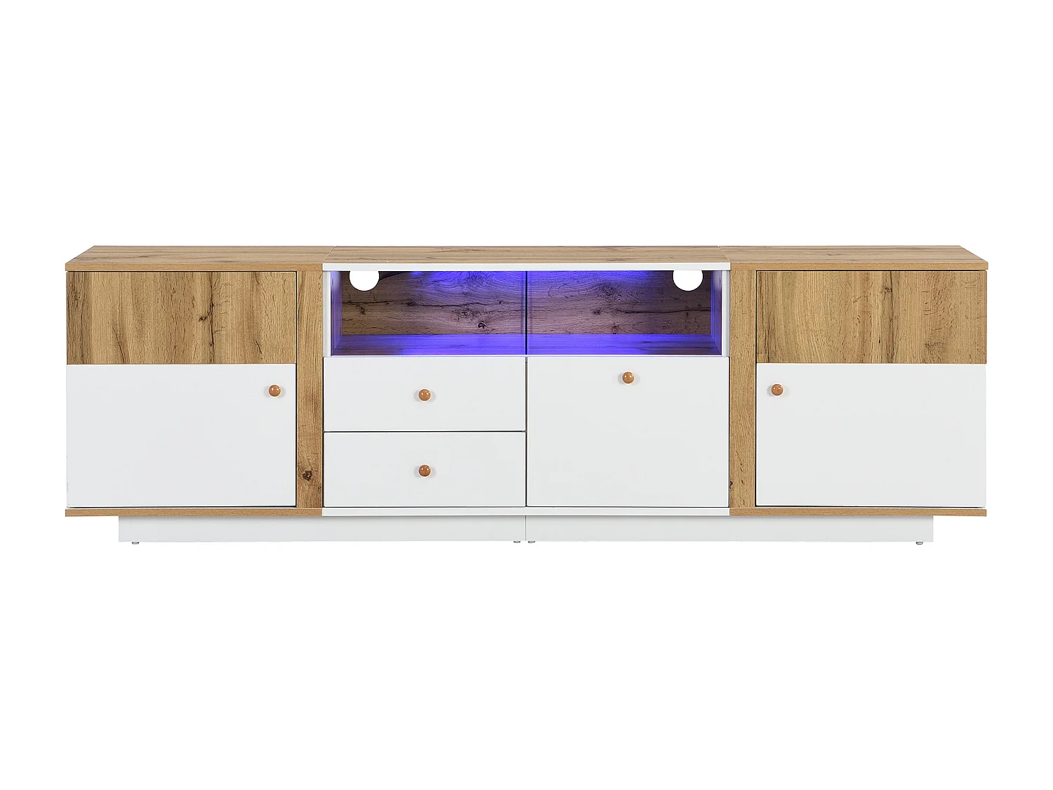 Meuble TV avec 2 portes, 3 tiroirs & 2 niches - LEDs - Panneaux de particules - Chêne et blanc