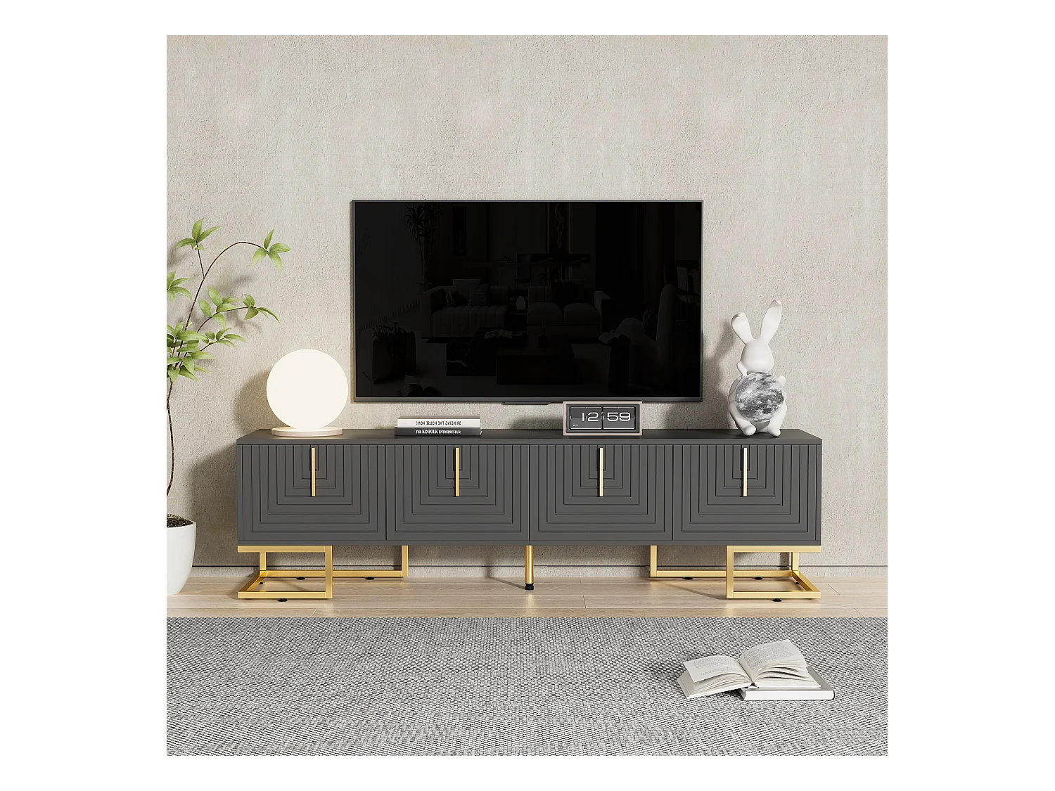 Meuble TV avec 4 portes structurée - 170x40x45,5 cm - Poignées dorées et pieds dorés - Panneaux de particules - Gris