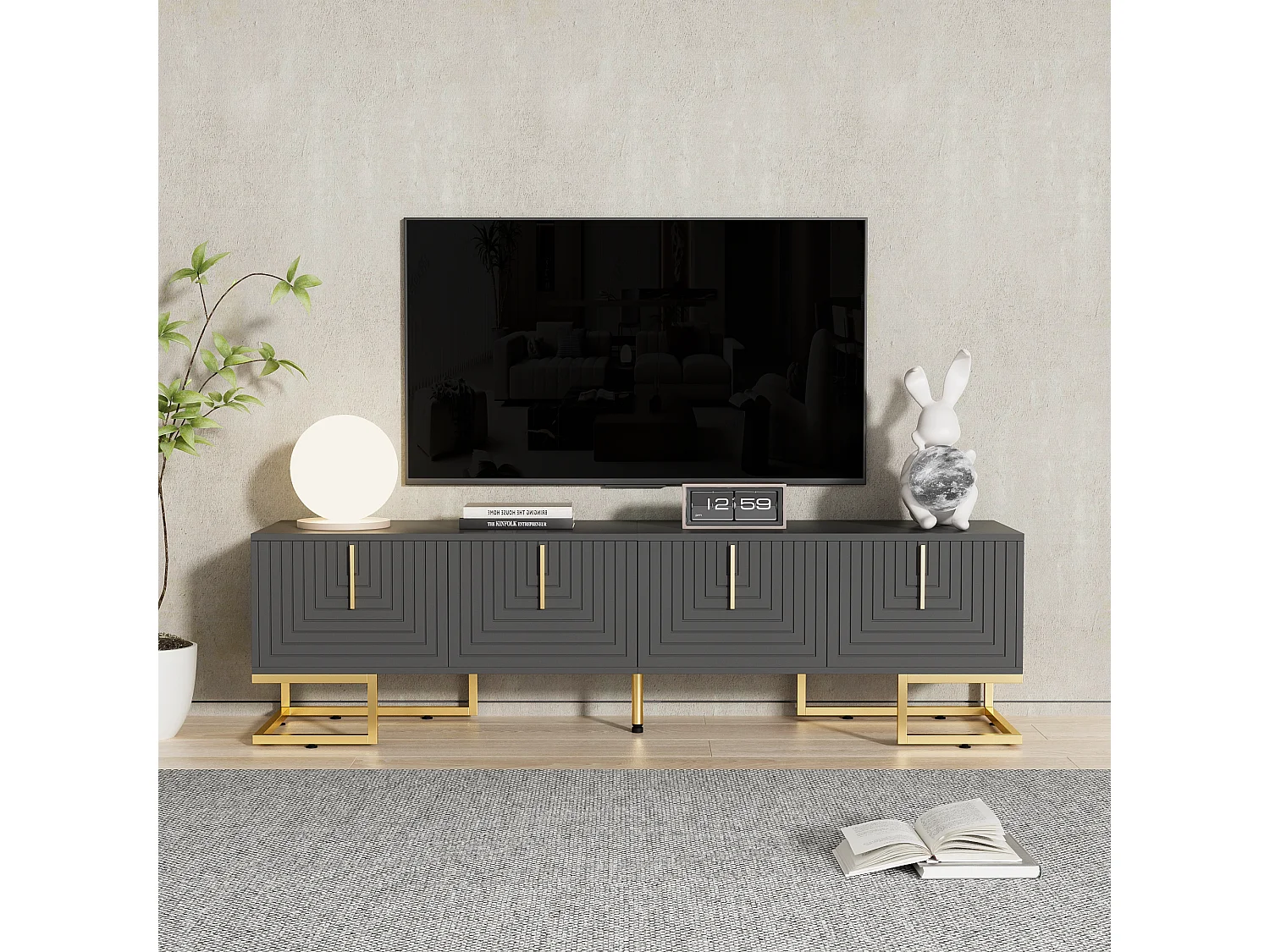 TV-Schrank mit 4 strukturierten Türen – 170 x 40 x 45,5 cm – goldene Griffe und goldene Füße – Spanplatte – Grau
