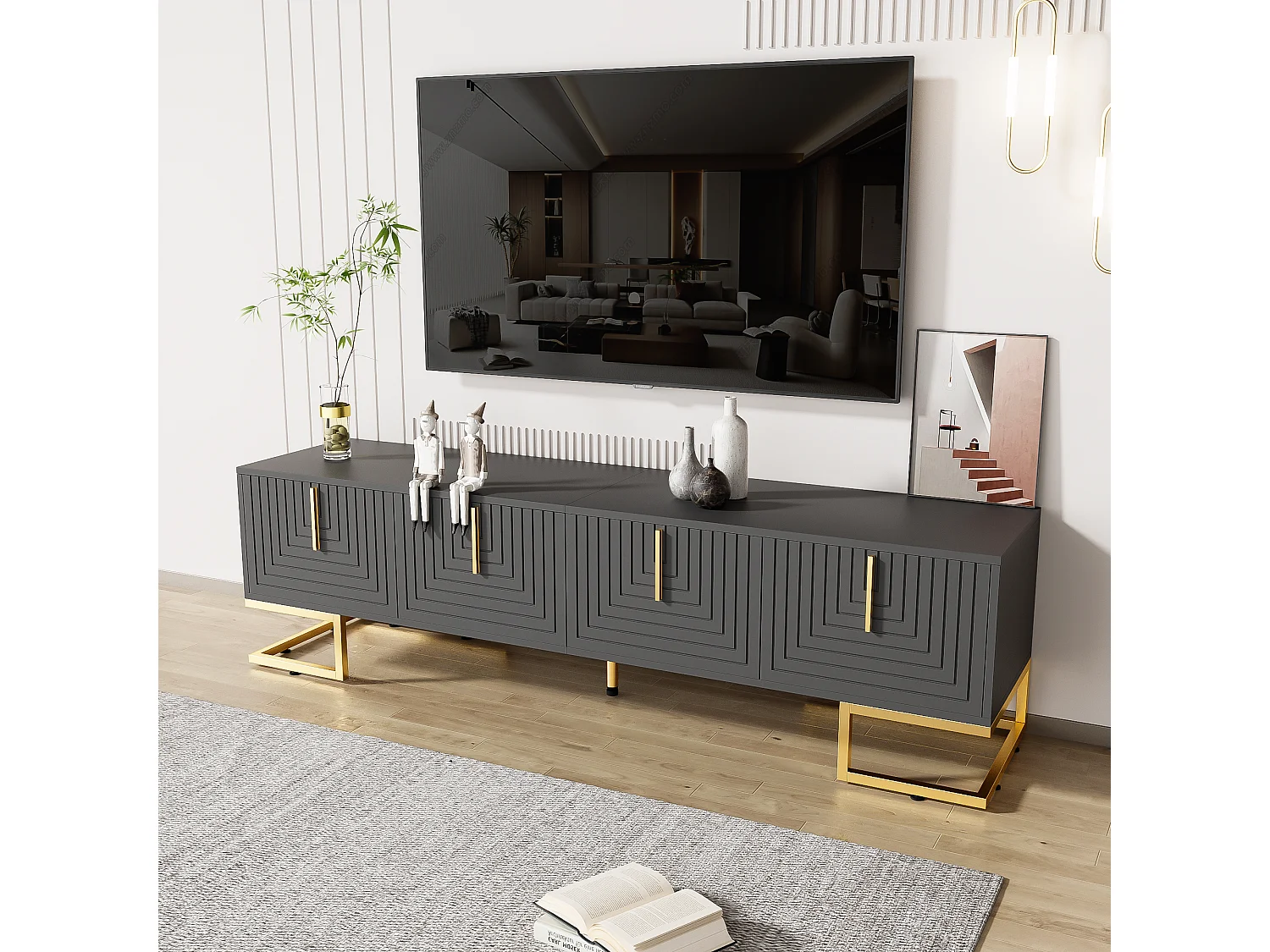 TV-Schrank mit 4 strukturierten Türen – 170 x 40 x 45,5 cm – goldene Griffe und goldene Füße – Spanplatte – Grau