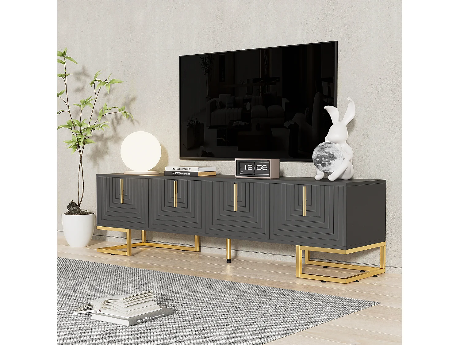 TV-Schrank mit 4 strukturierten Türen – 170 x 40 x 45,5 cm – goldene Griffe und goldene Füße – Spanplatte – Grau