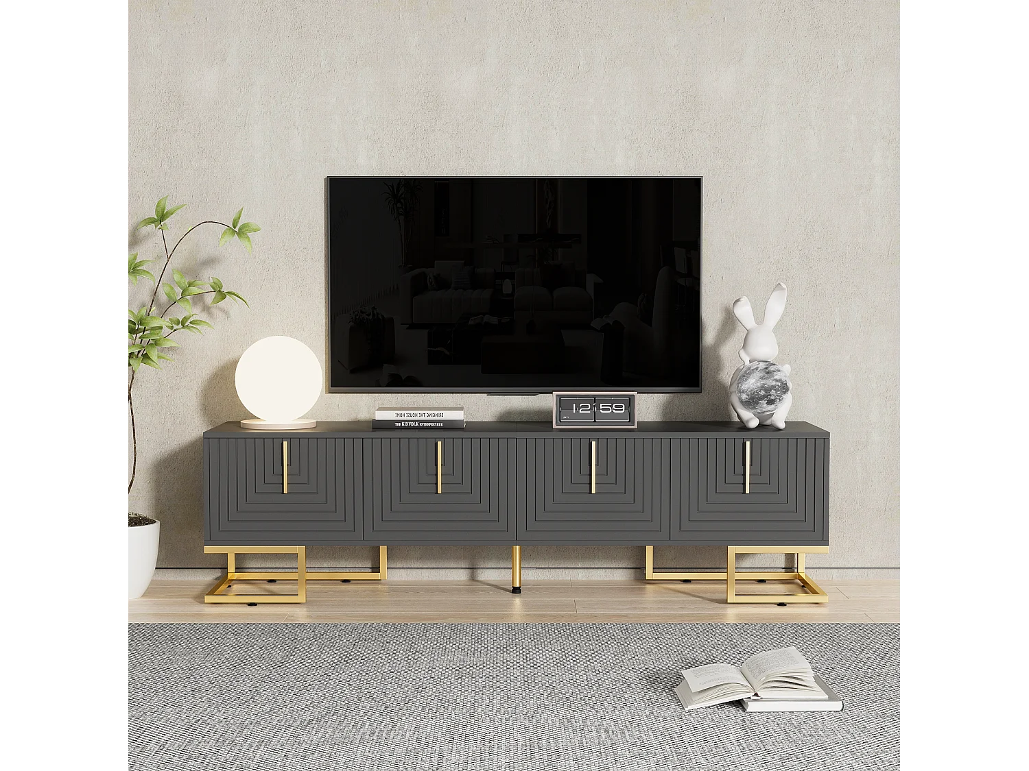 Szafka RTV z 4 drzwiami strukturalnymi - 170x40x45,5 cm - Złote uchwyty i złote nóżki - Płyta wiórowa - Szara