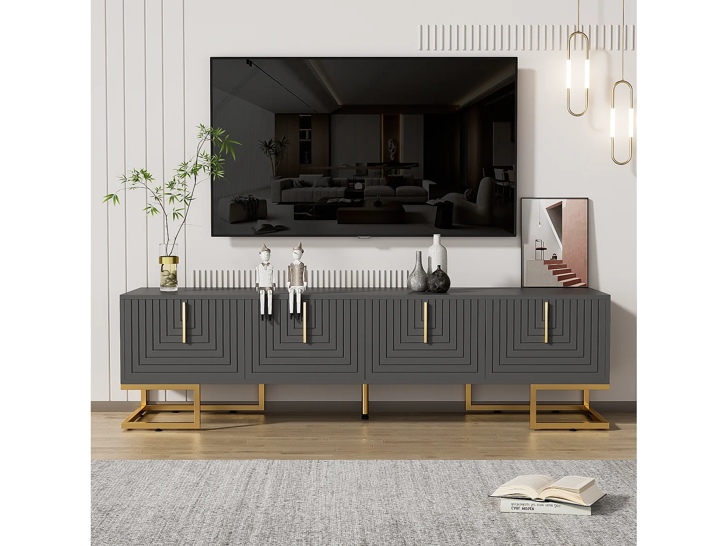 Szafka RTV z 4 drzwiami strukturalnymi - 170x40x45,5 cm - Złote uchwyty i złote nóżki - Płyta wiórowa - Szara