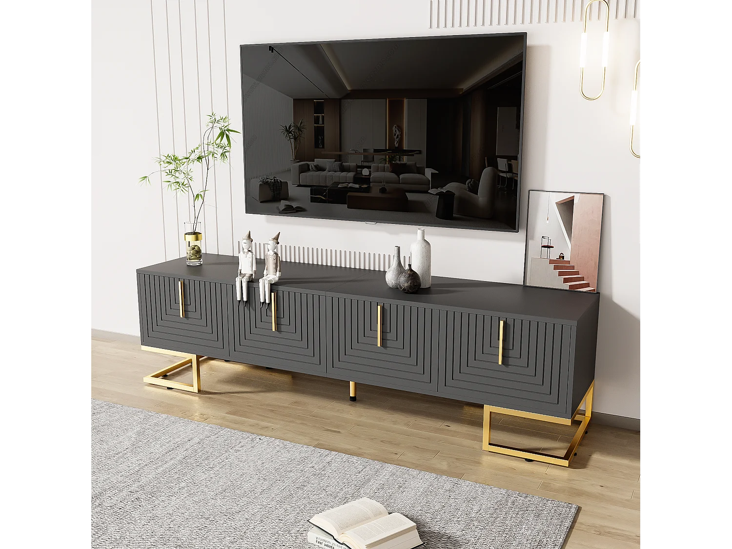 Szafka RTV z 4 drzwiami strukturalnymi - 170x40x45,5 cm - Złote uchwyty i złote nóżki - Płyta wiórowa - Szara