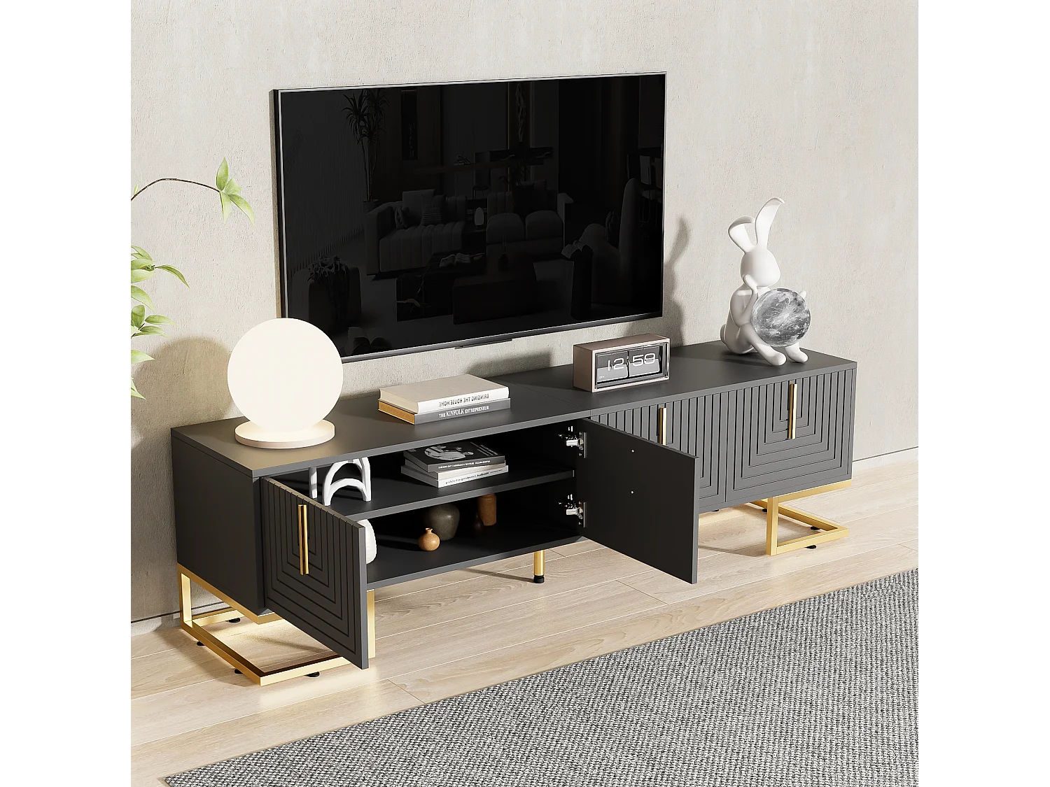 Szafka RTV z 4 drzwiami strukturalnymi - 170x40x45,5 cm - Złote uchwyty i złote nóżki - Płyta wiórowa - Szara