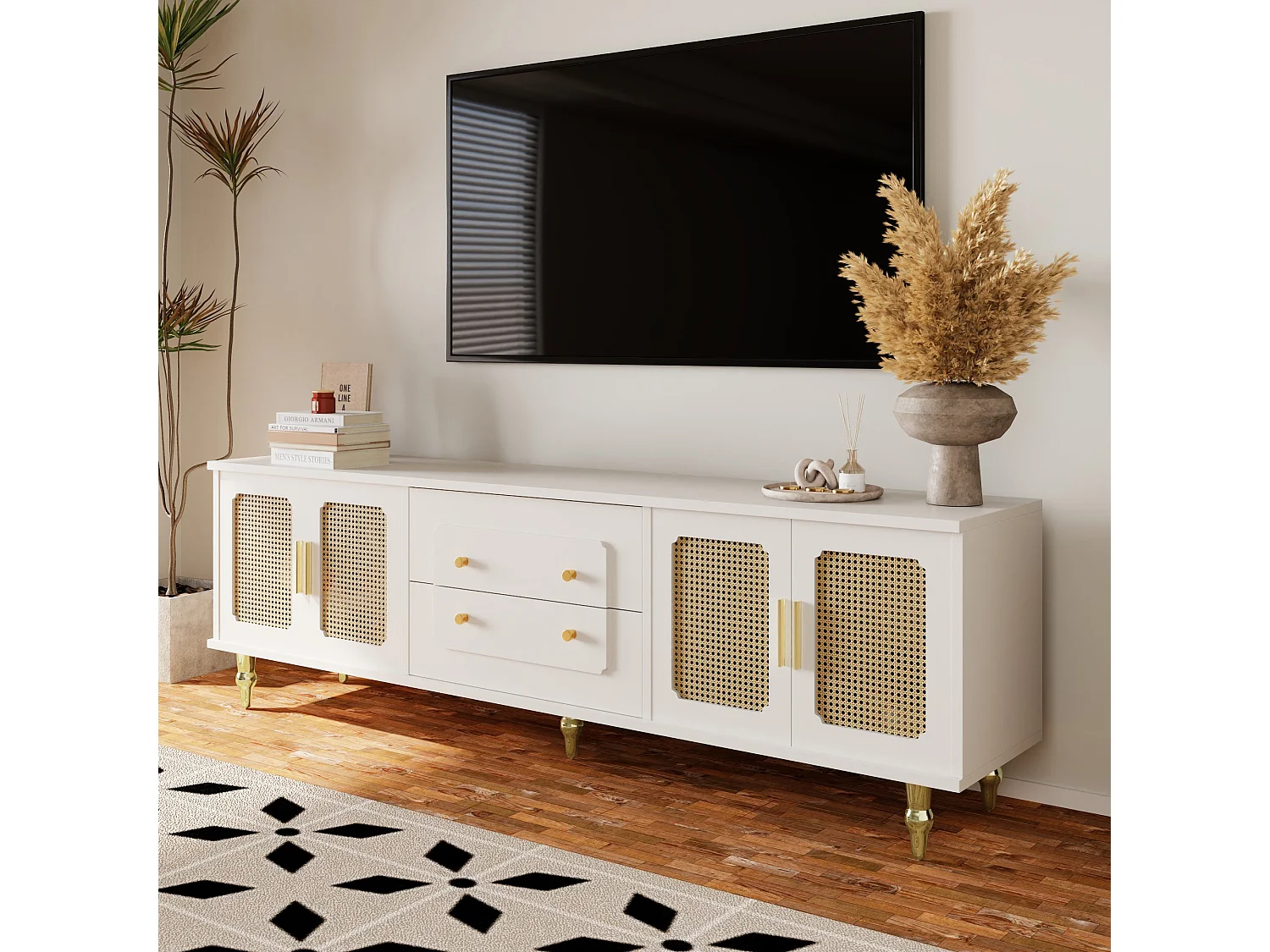 Szafka RTV z 4 drzwiami rattanowymi i 2 szufladami - 175x38x55,5 cm - Płyta wiórowa - Złote uchwyty i nogi - biała