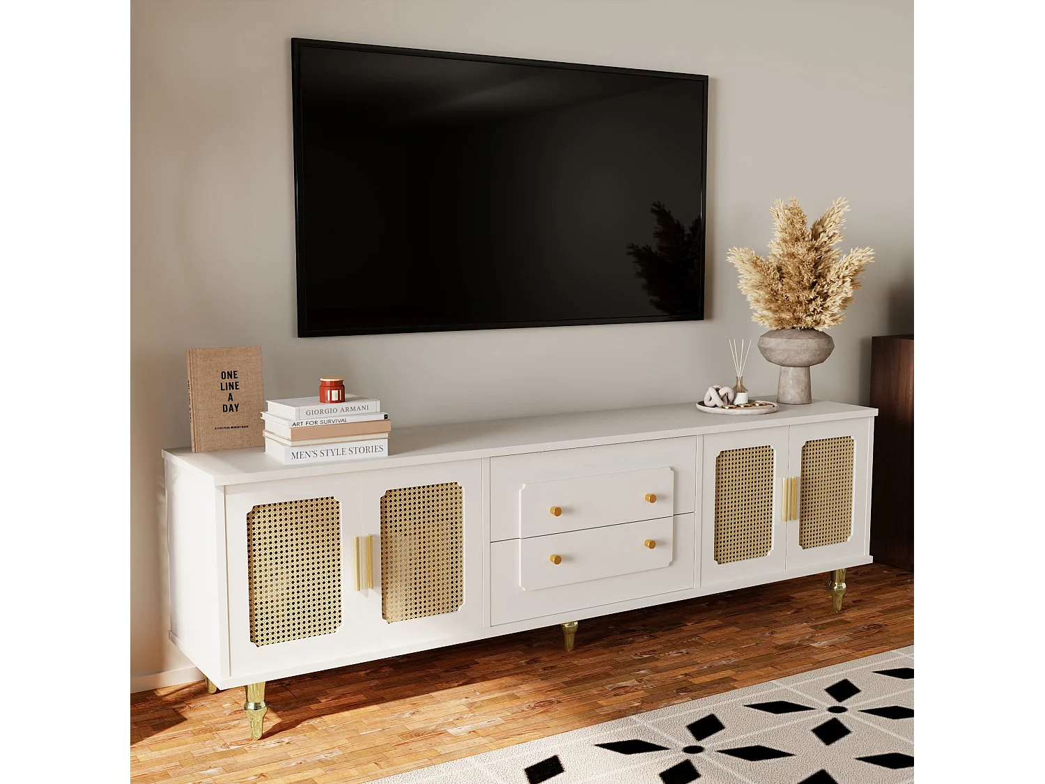 Szafka RTV z 4 drzwiami rattanowymi i 2 szufladami - 175x38x55,5 cm - Płyta wiórowa - Złote uchwyty i nogi - biała