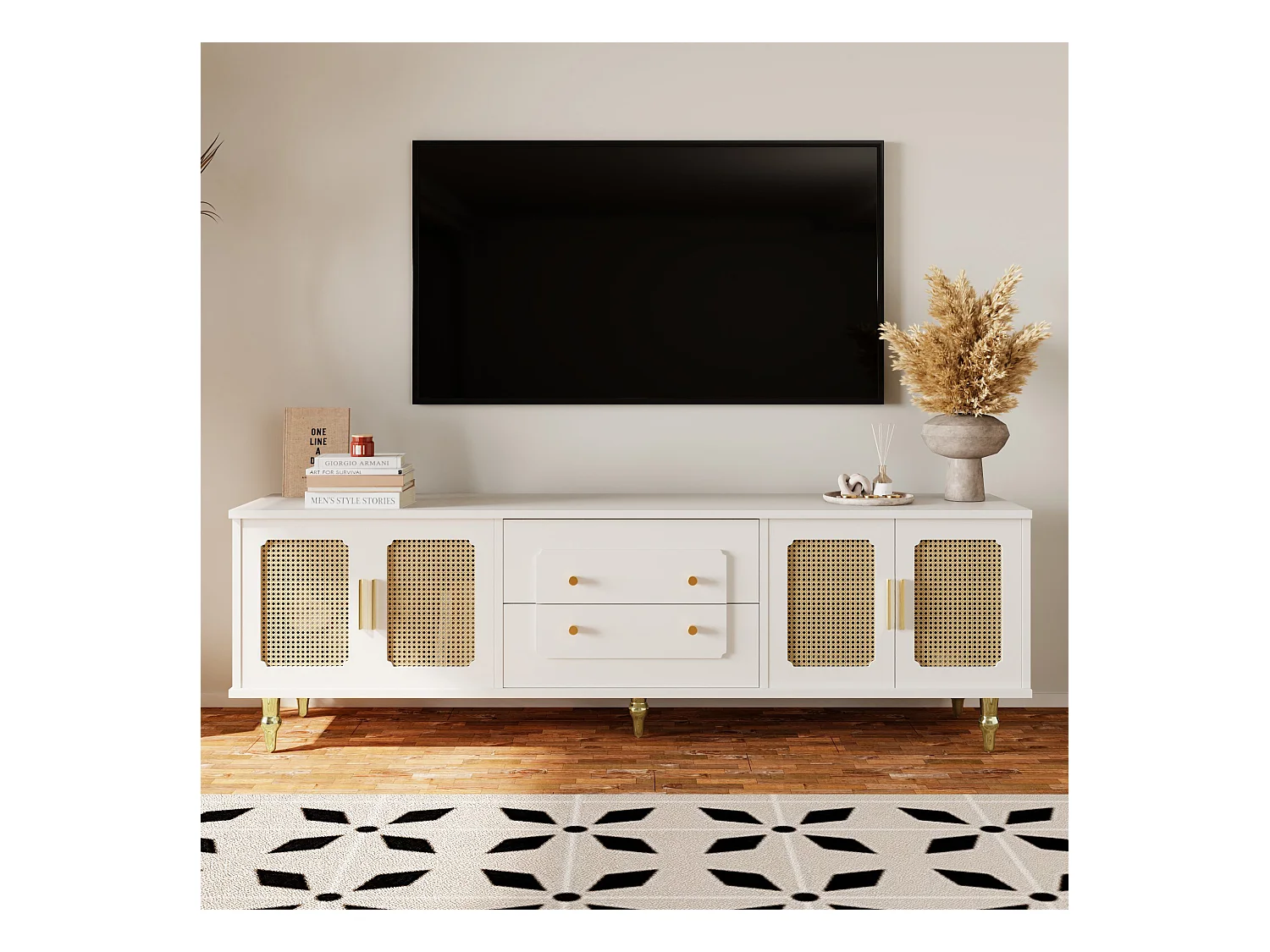 TV-Schrank mit 4 Rattantüren und 2 Schubladen – 175 x 38 x 55,5 cm – Spanplatte – goldene Griffe und Beine – weiß