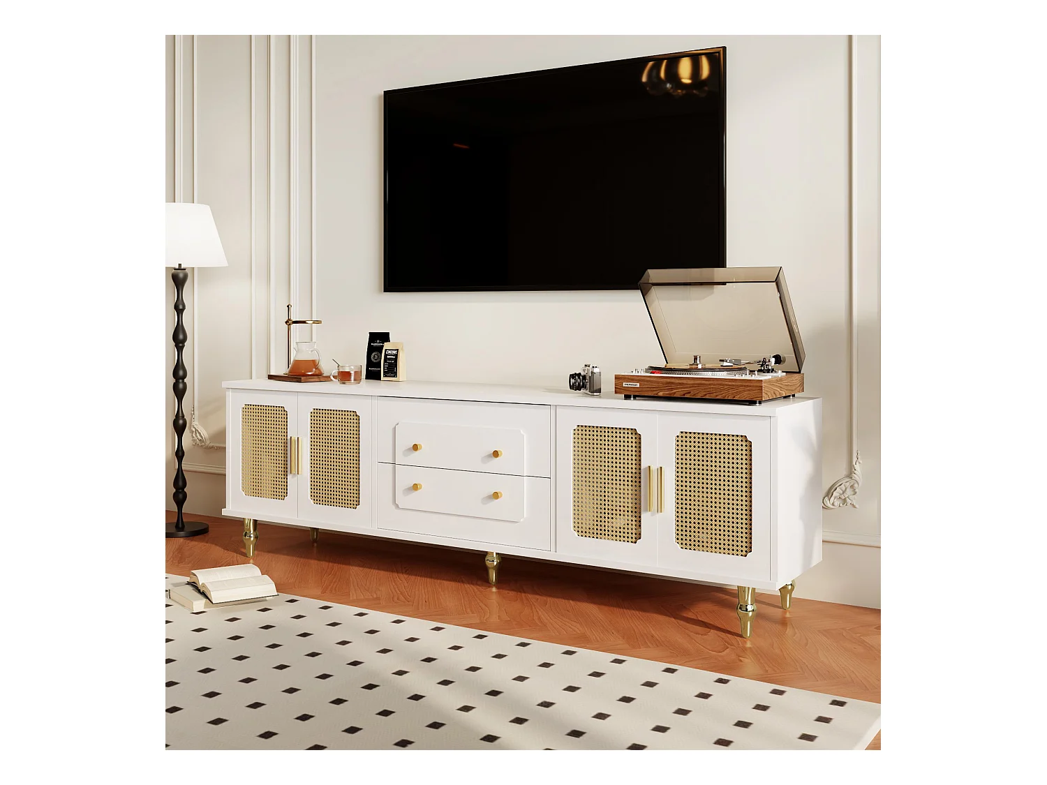 Meuble TV avec 4 portes en rotin et 2 tiroirs - 175x38x55,5cm - Panneaux de particules - Poignées  et pièds dorées - blanc