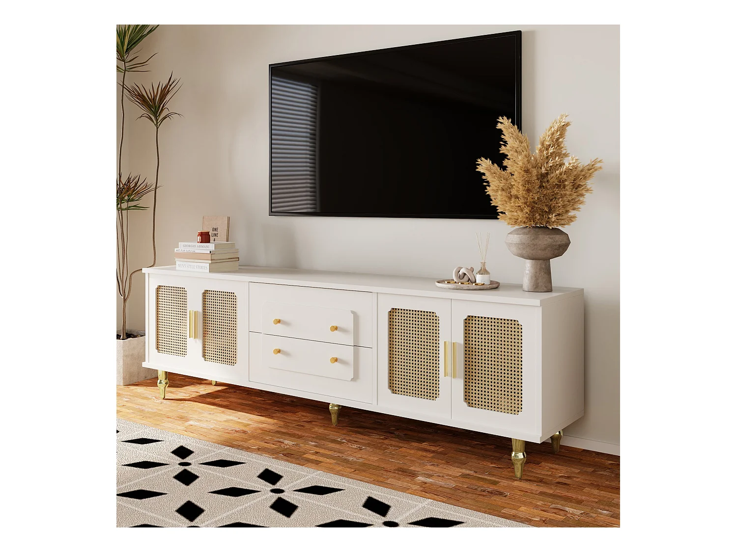 Meuble TV avec 4 portes en rotin et 2 tiroirs - 175x38x55,5cm - Panneaux de particules - Poignées  et pièds dorées - blanc