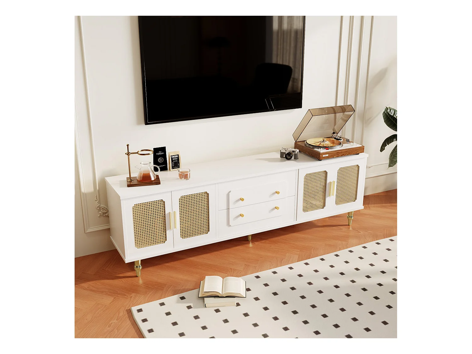 Meuble TV avec 4 portes en rotin et 2 tiroirs - 175x38x55,5cm - Panneaux de particules - Poignées  et pièds dorées - blanc