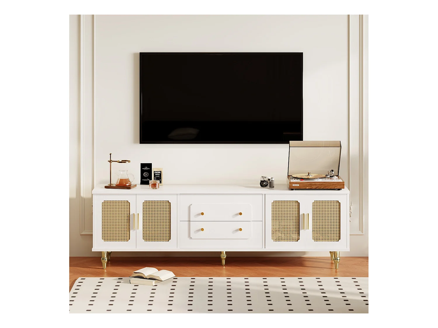 Meuble TV avec 4 portes en rotin et 2 tiroirs - 175x38x55,5cm - Panneaux de particules - Poignées  et pièds dorées - blanc